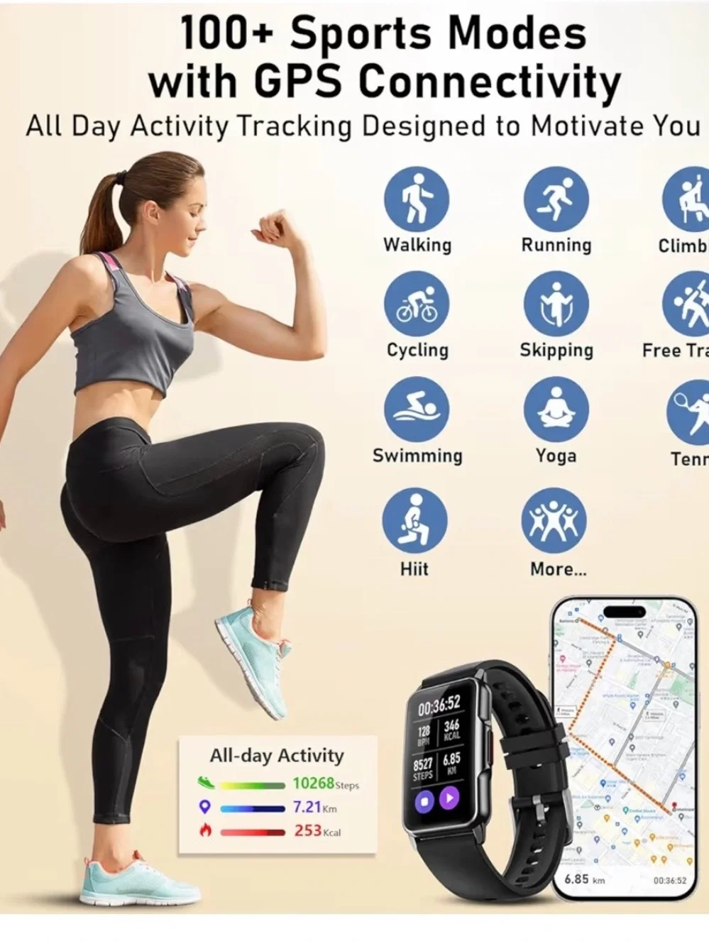 Mindrose Black Fitness Smartwatch with Silicone Band